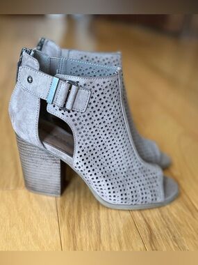 Indigo Taupe Perforated Suede Open-Toe Block Heel Booties